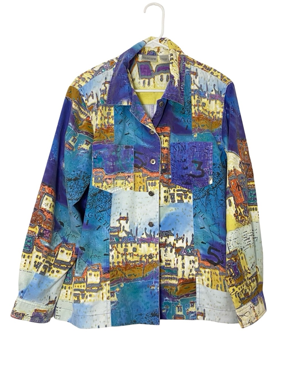 Chicos Vintage Blazer Womens Size Large 2 Colorful Pockets Long Sleeve Chico